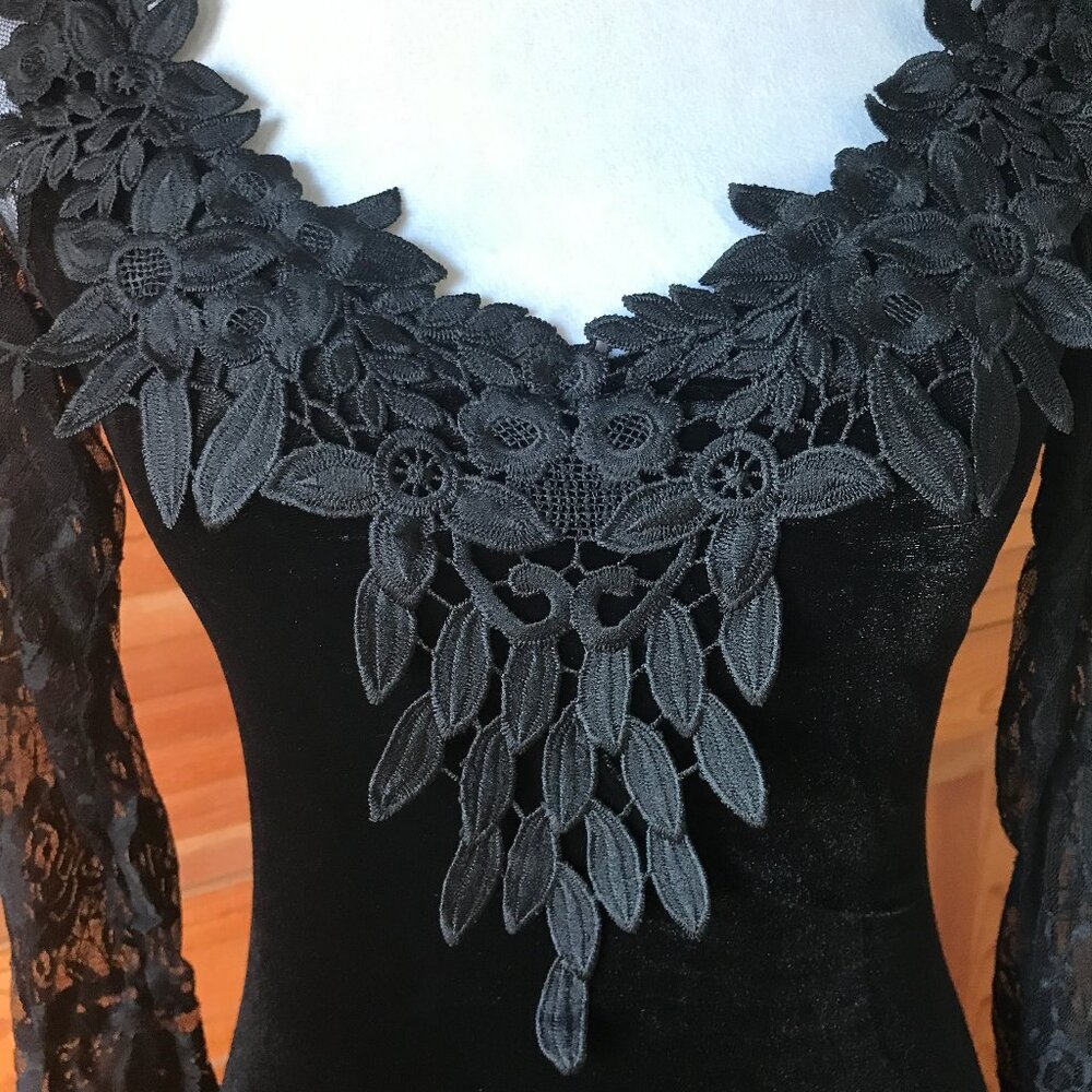 Gothic Victorian Flowers of Evil Black Velvet & Lace Morticia Gown Dress - Picture 3 of 13